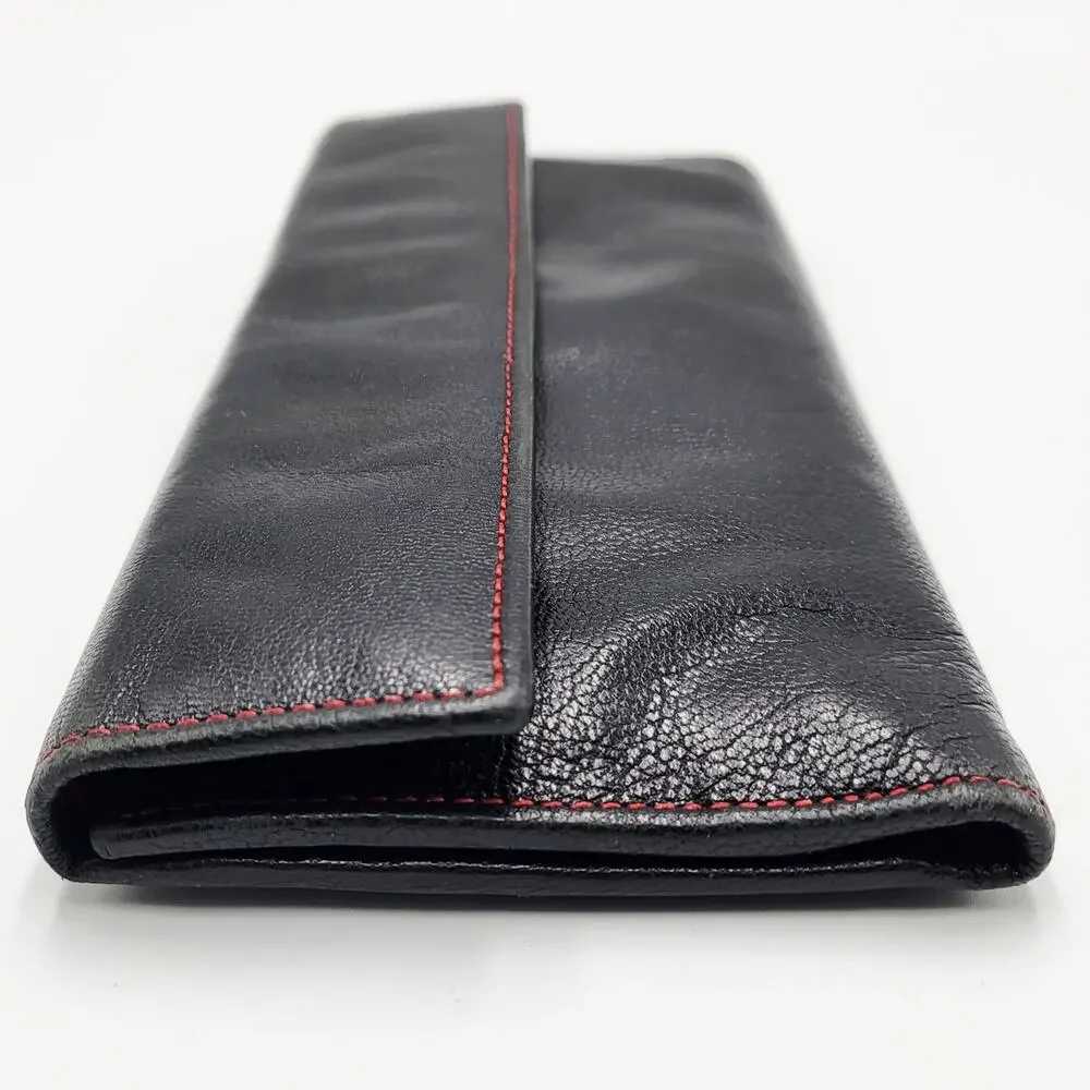 Vintage Tusk Black Red Genuine Leather Slim Trifold Snap Button Wallet Classic
